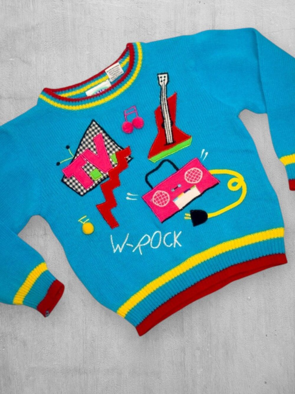Vintage 80s Sweater Music Theme Guitar Boombox Applique Kids Acrylic 6